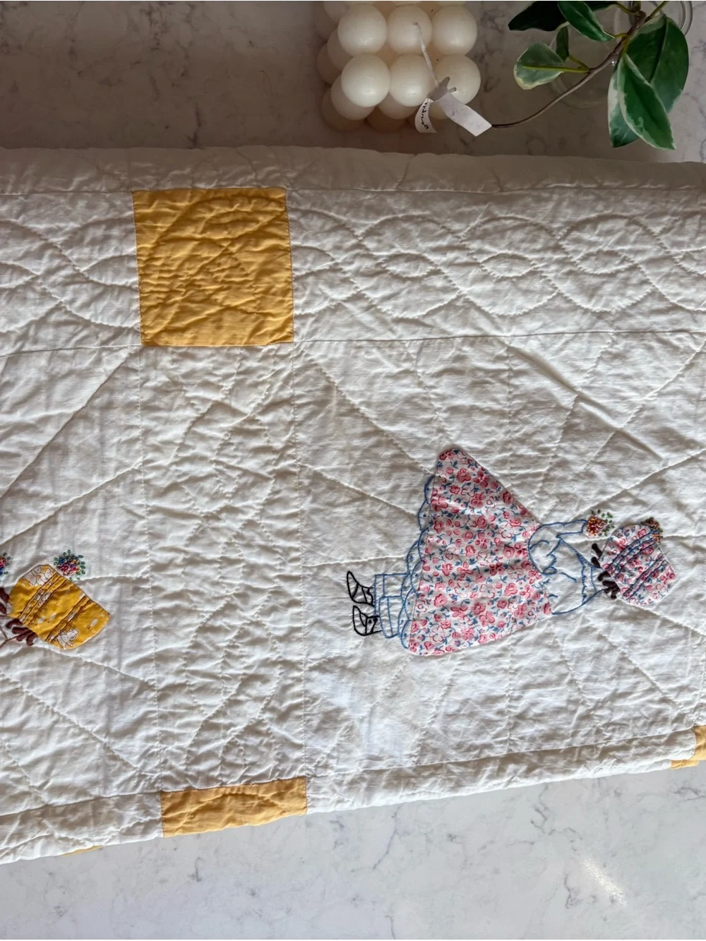 Vintage Handmade 1950s Patchwork Doll Quilt in Cream and Yellow Organic Cotton